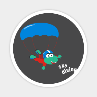 cartoon illustration of skydiving with litlle dinosaur Magnet